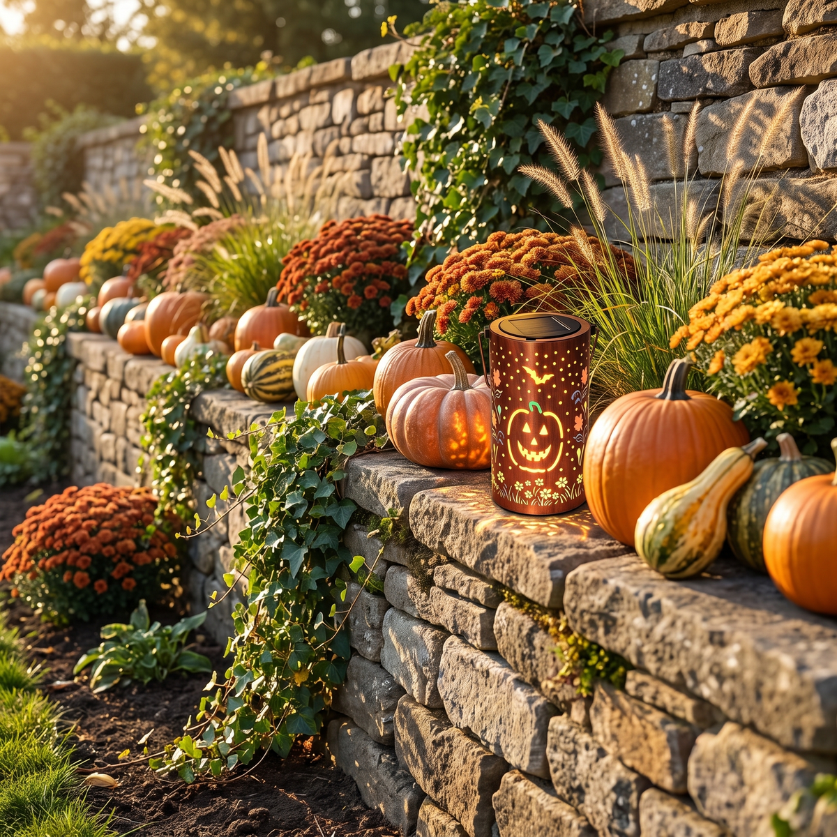 Rame Incantato solar lantern on a stone garden wall with pumpkins