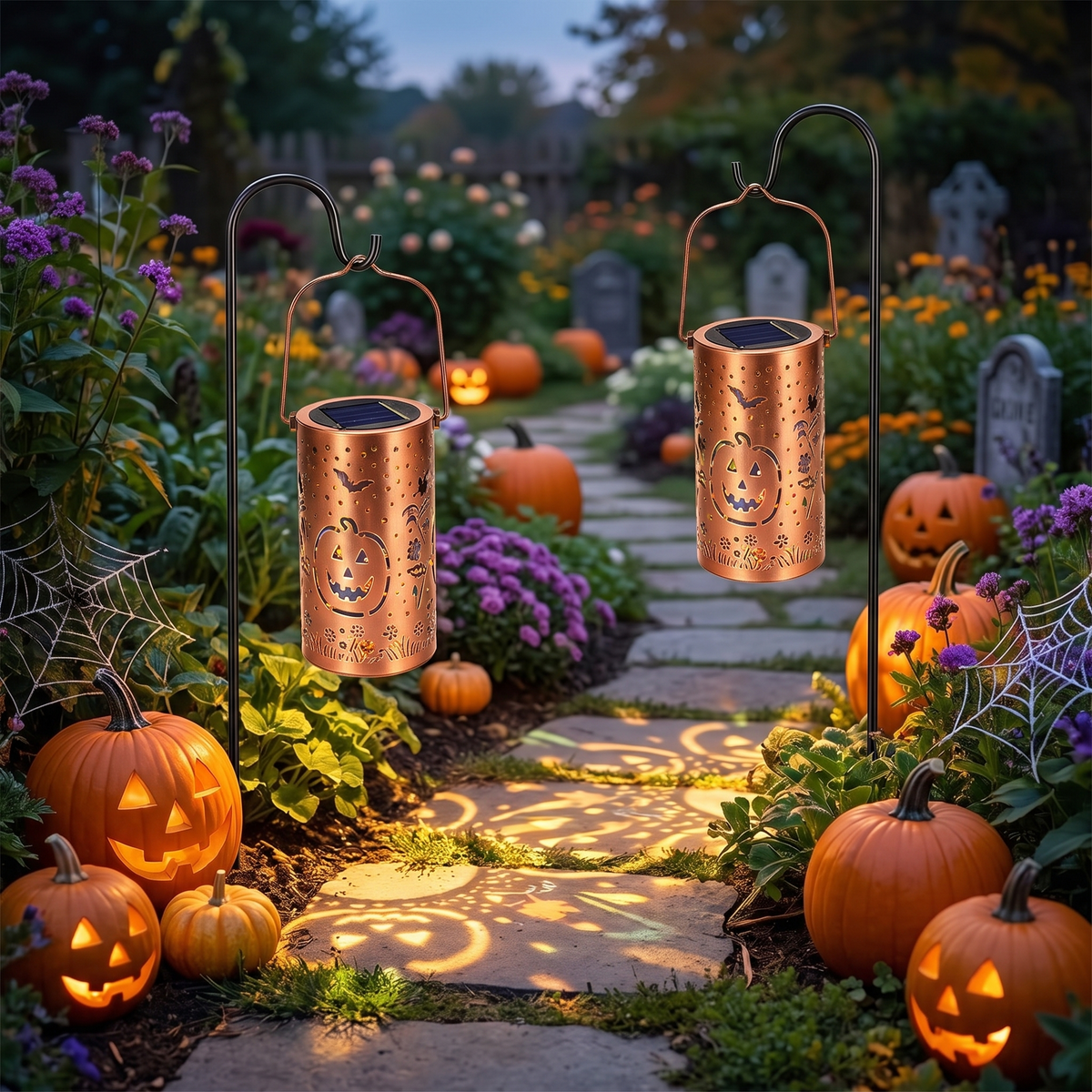 Two Rame Incantato solar lanterns on shepherd hooks along a garden path