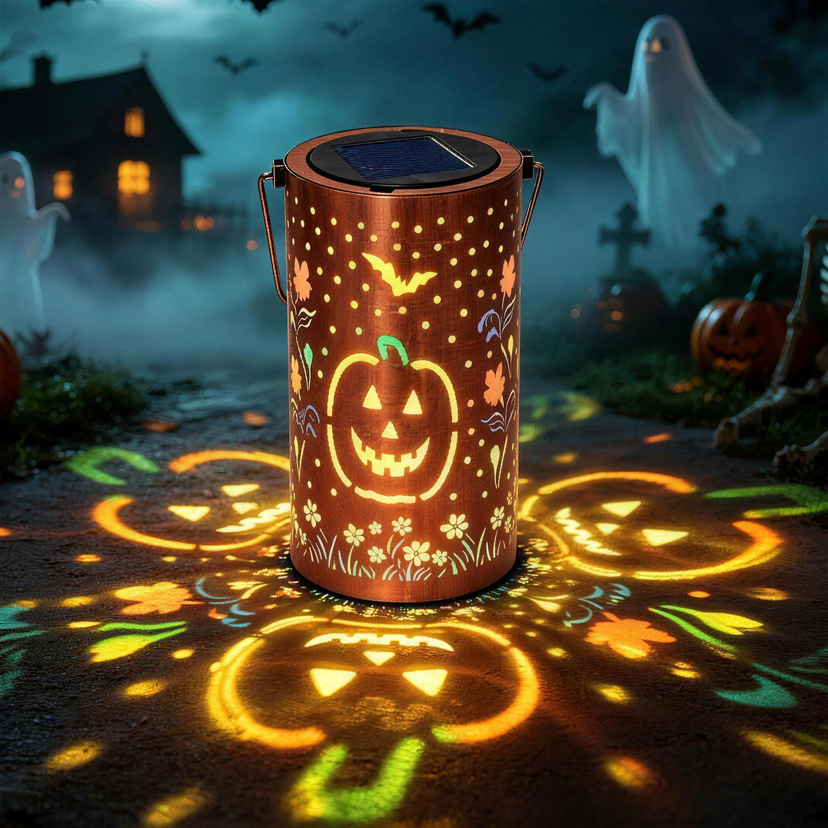 Rame Incantato solar lantern projecting colorful pumpkin patterns on a misty night