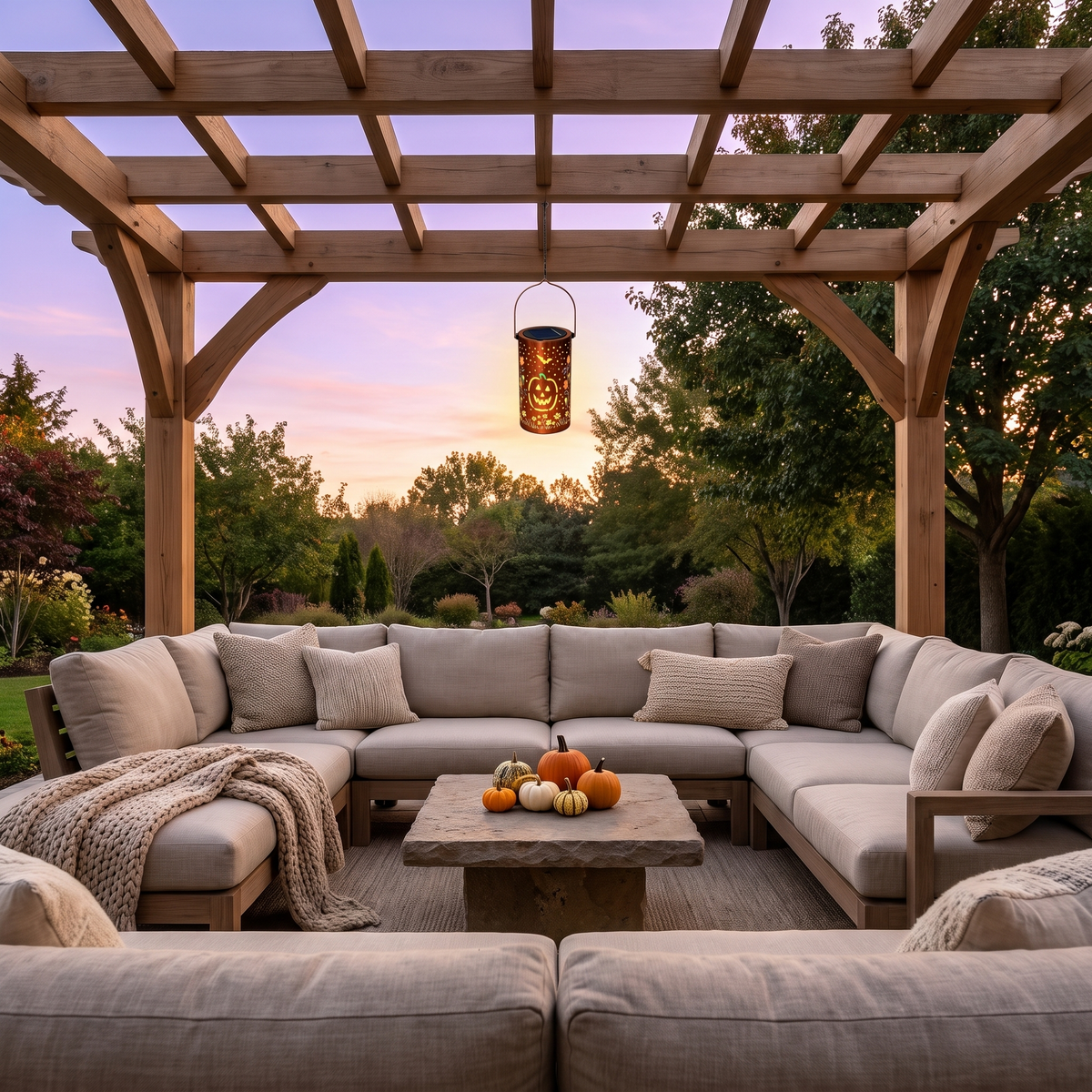 Rame Incantato solar lantern hanging from a pergola over an outdoor sofa