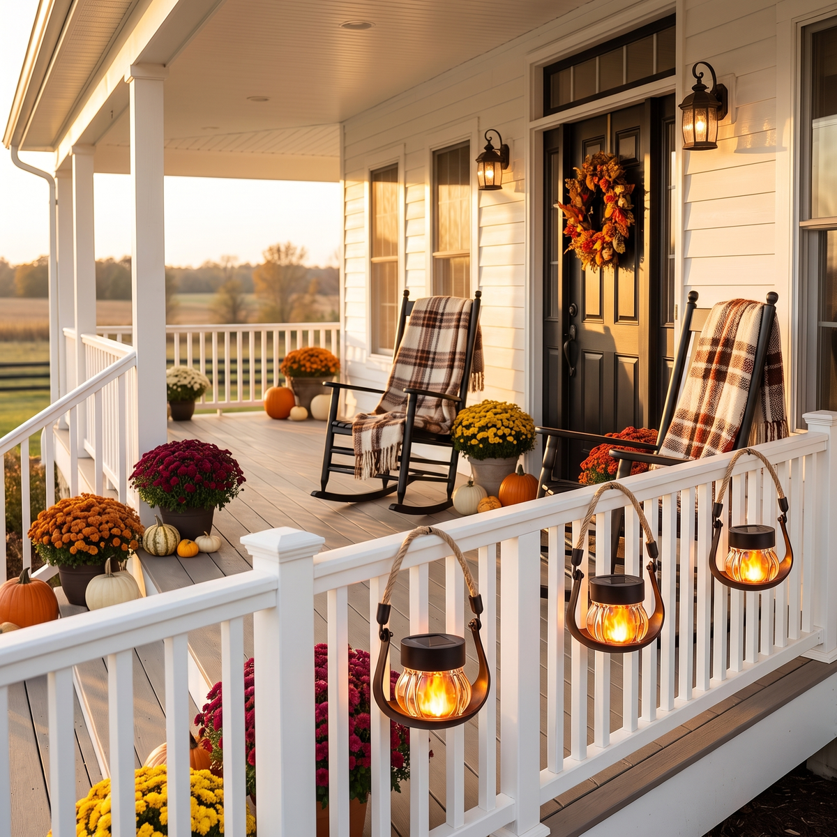 Solar lanterns hanging along a white farmhouse porch railing in autumn