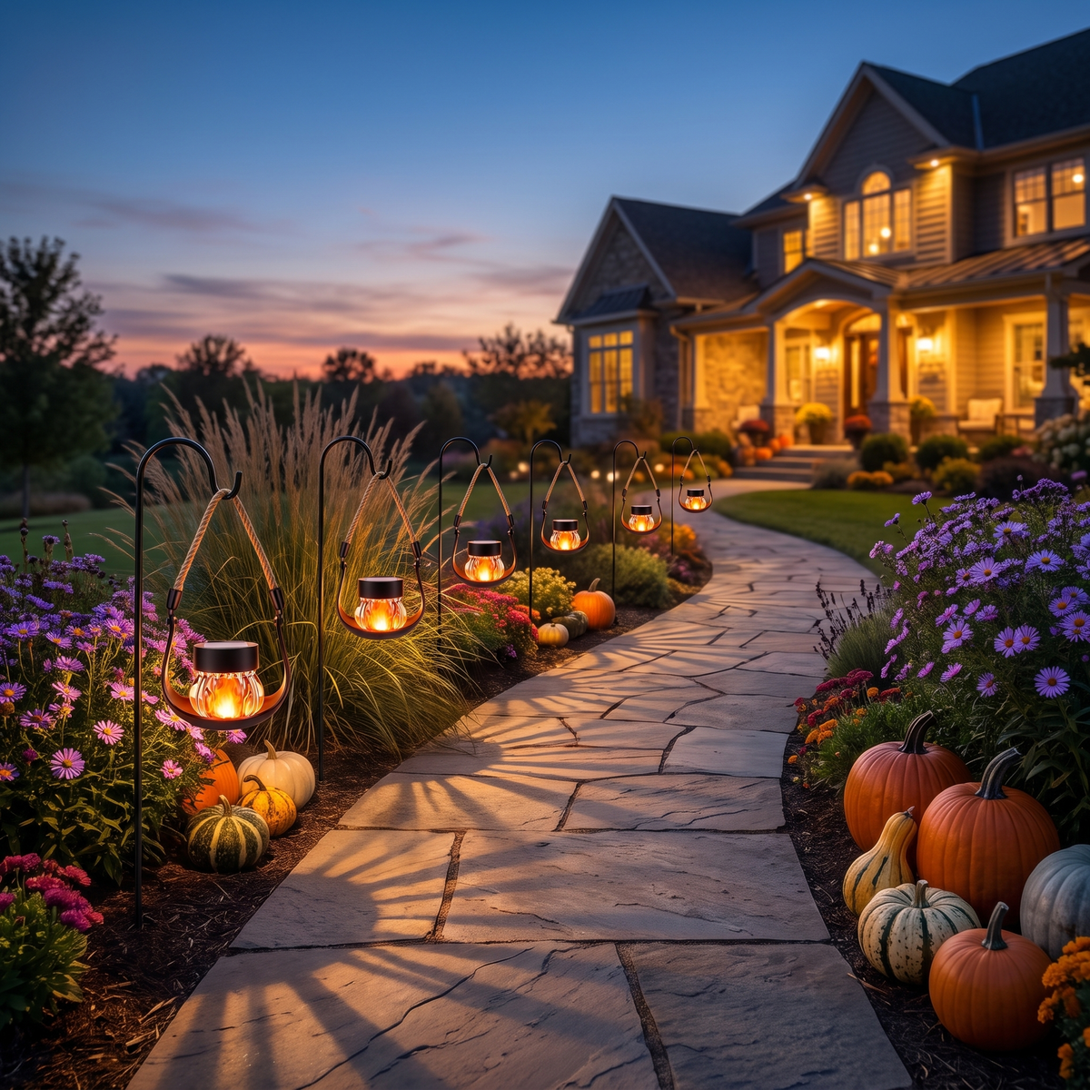 Flickering flame solar lanterns along a garden path at dusk