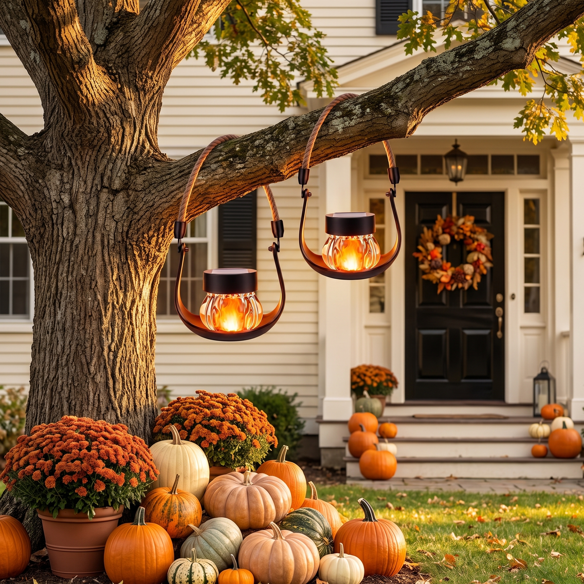 Lucerna Autunnale solar flame lanterns hanging from an oak tree by a colonial front porch