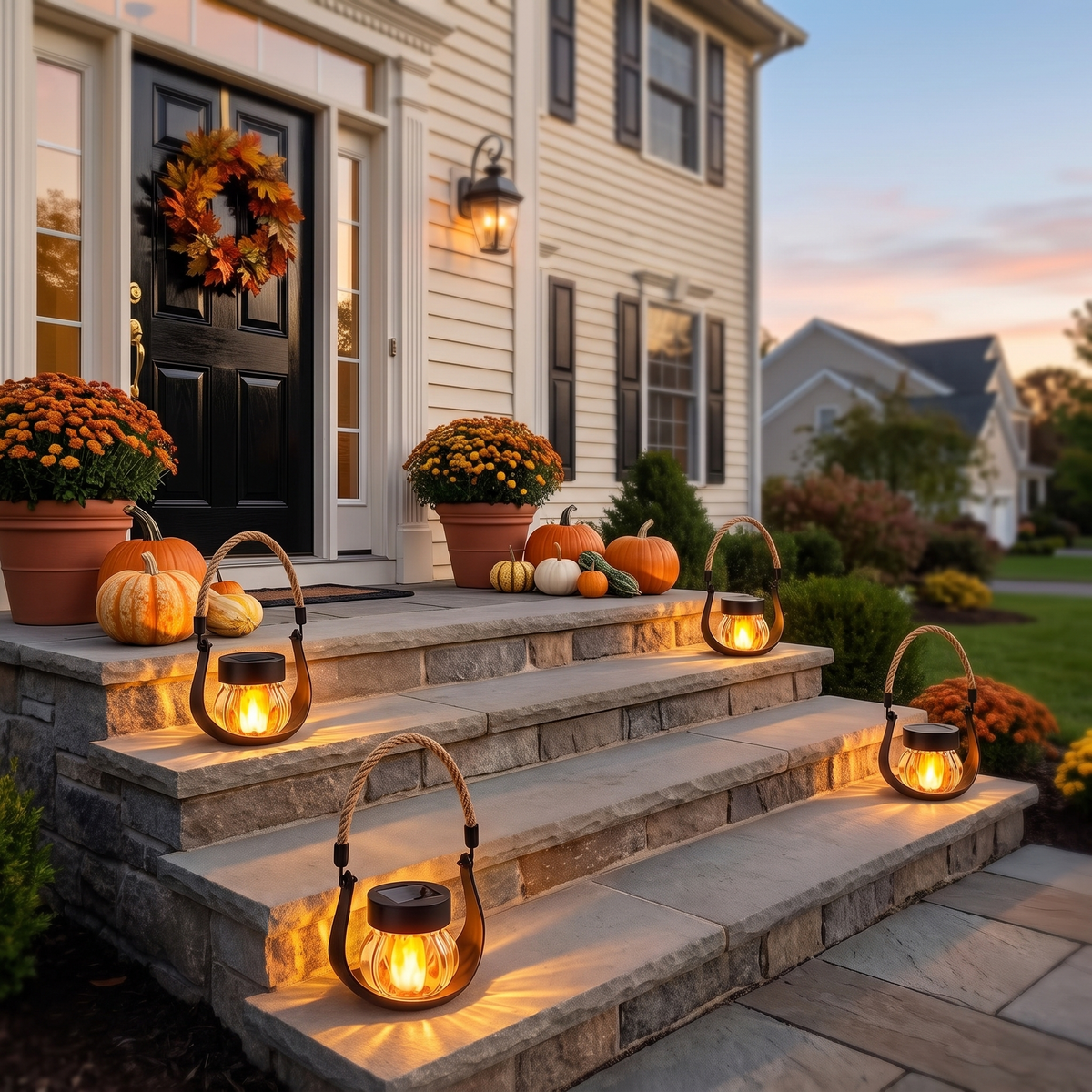 Solar flame lanterns lining stone front steps with mums and pumpkins