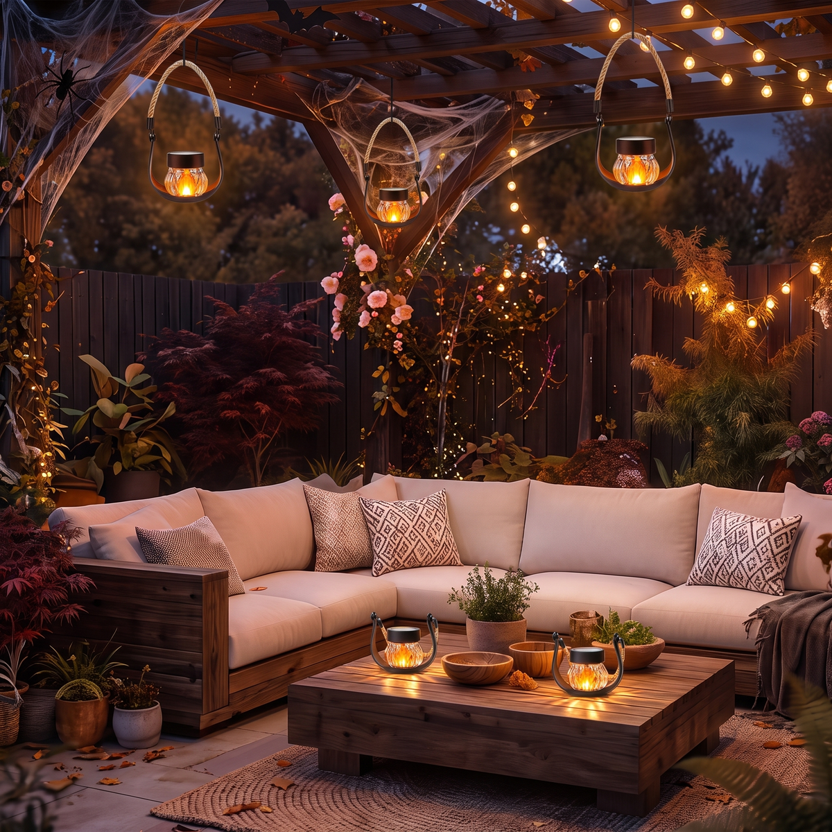 Flame lanterns hanging from a pergola over an outdoor lounge