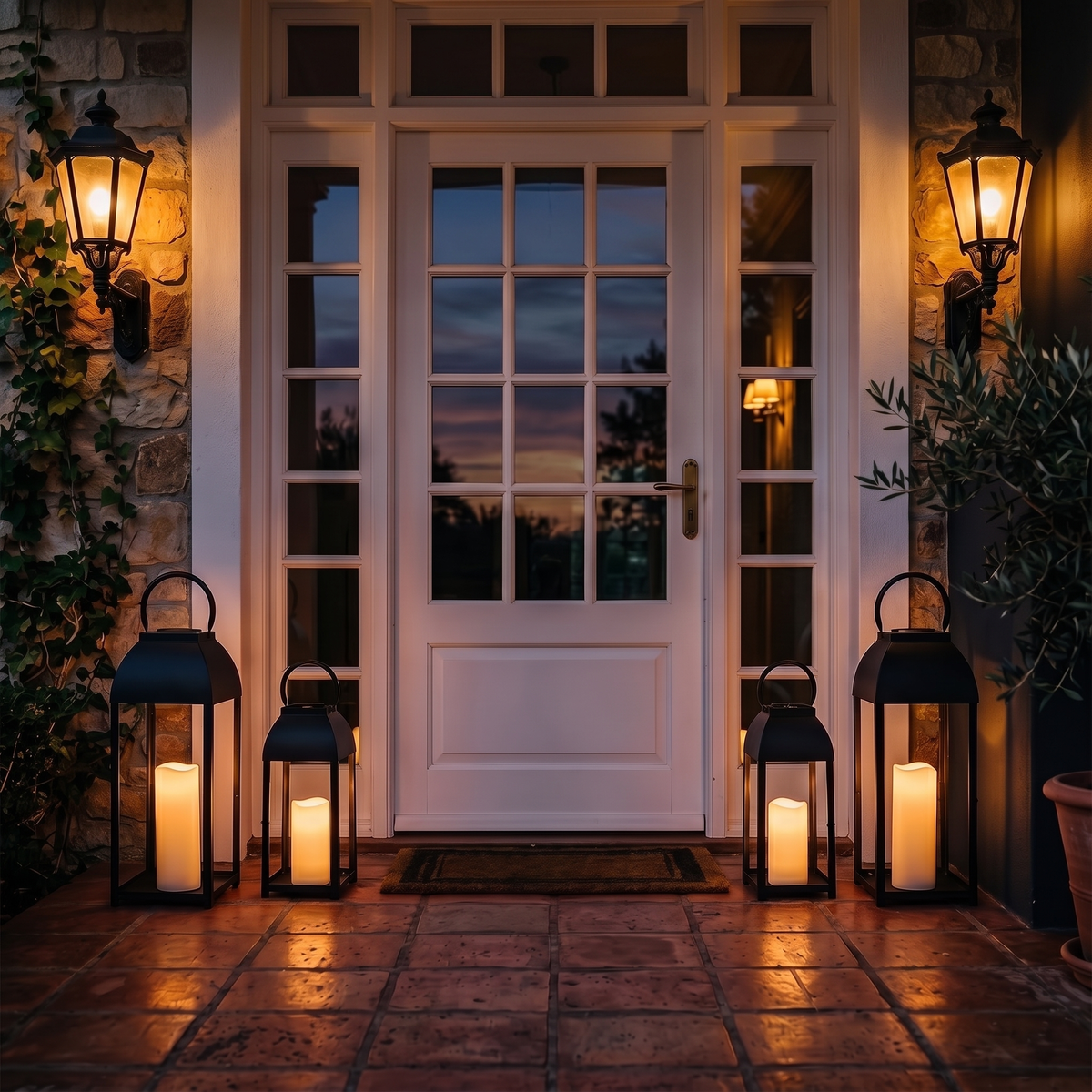 Two pairs of solar candle lanterns flanking a white front door