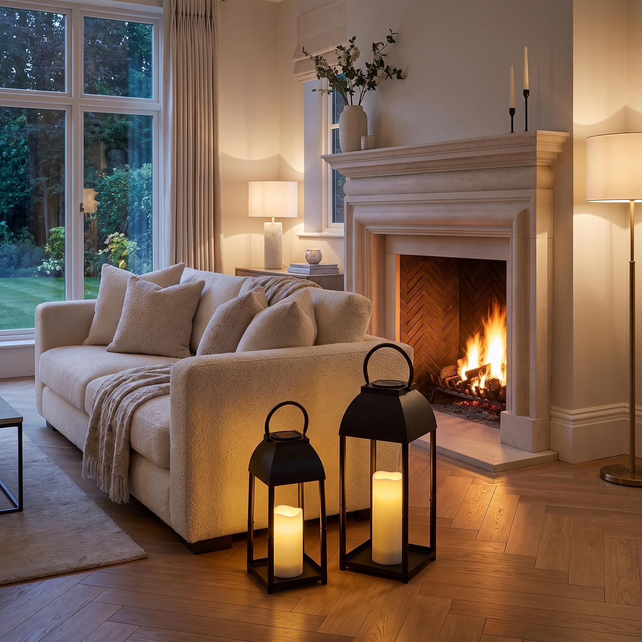 Black candle lanterns beside a limestone fireplace in an elegant living room
