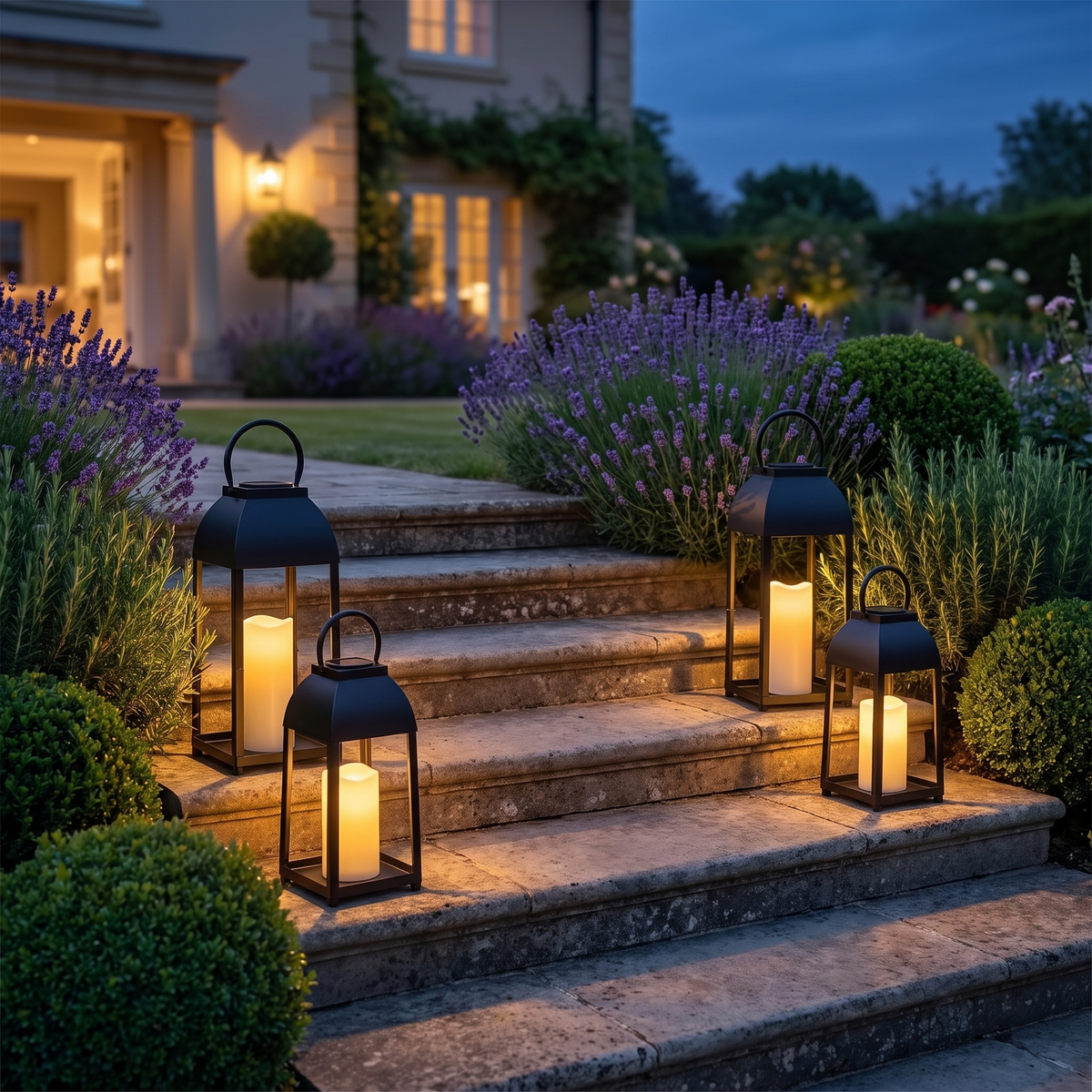 Black lanterns with flameless candles lining stone garden steps