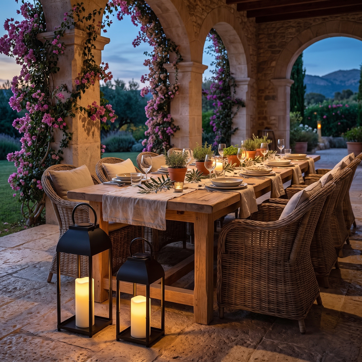 Candle lanterns by a dining table in an arched stone loggia