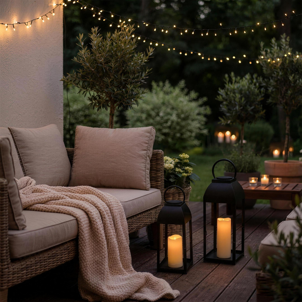 Solar candle lanterns glowing on a string-lit patio lounge