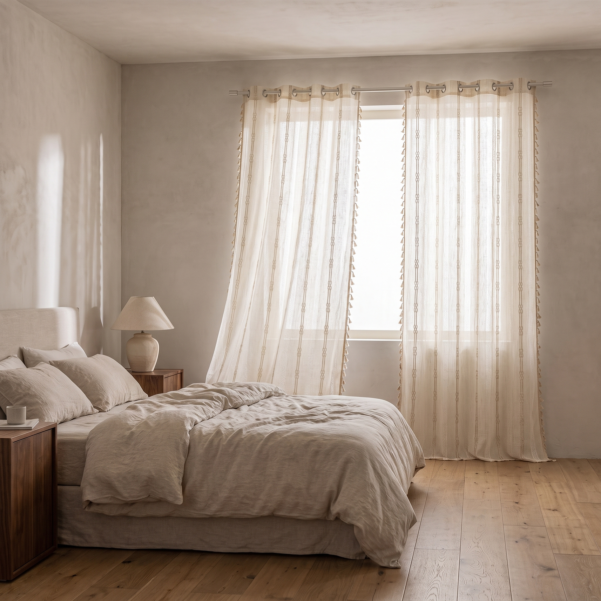 Brezza sheer tassel curtains with grommet header in a calm linen bedroom