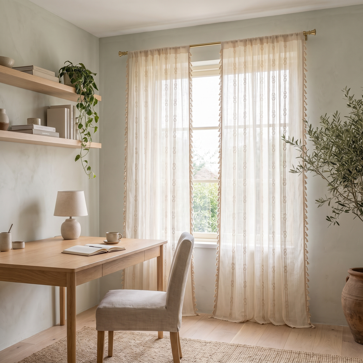 Brezza grommet sheer curtains diffusing daylight in a home office
