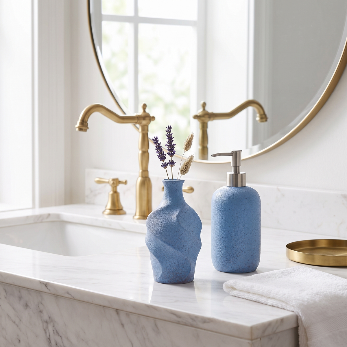Virella Sculpt blue ceramic bud vase with dried lavender on a marble bathroom vanity