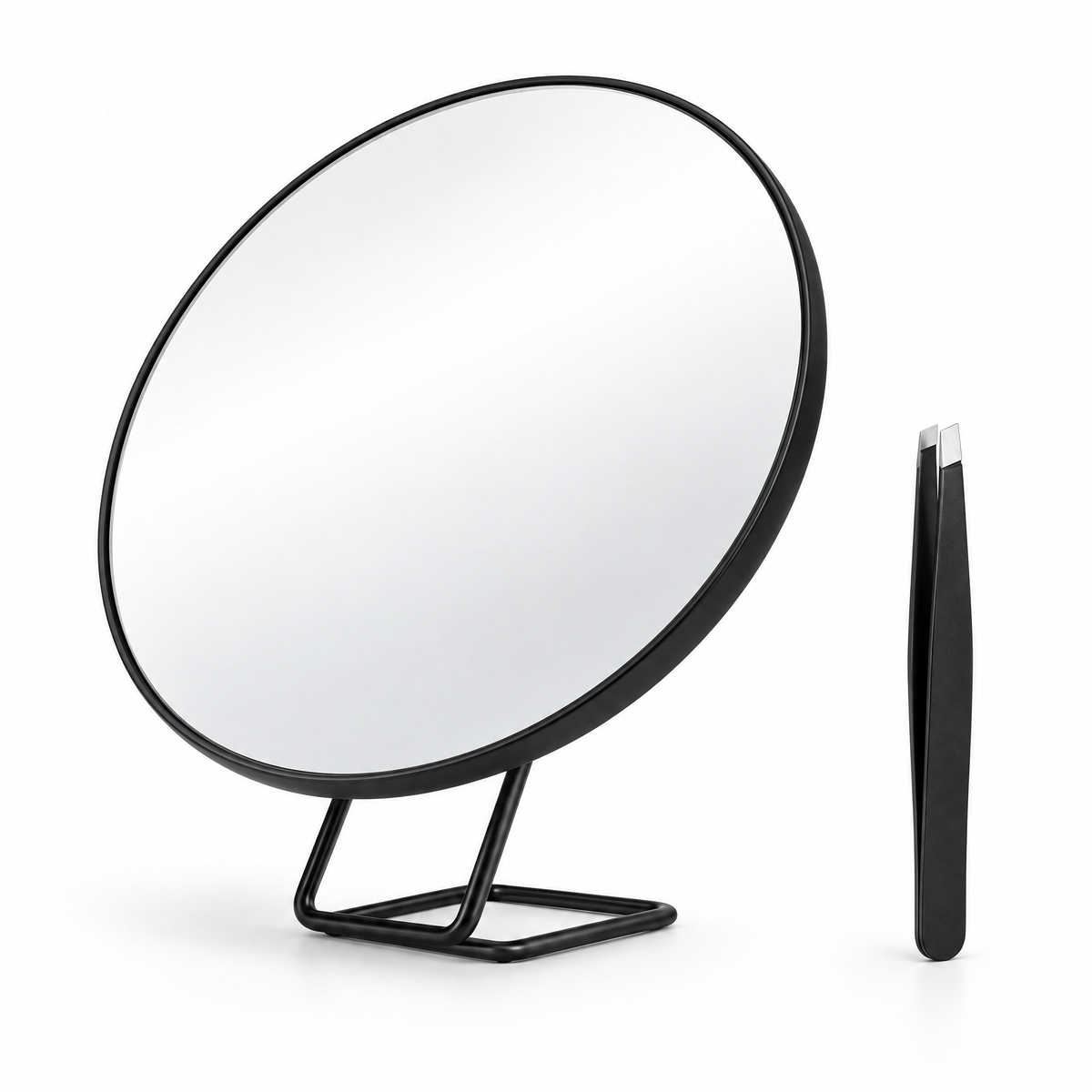 Chiara Vista 6-inch magnifying makeup mirror in Nero black on its folding Z stand with tweezers