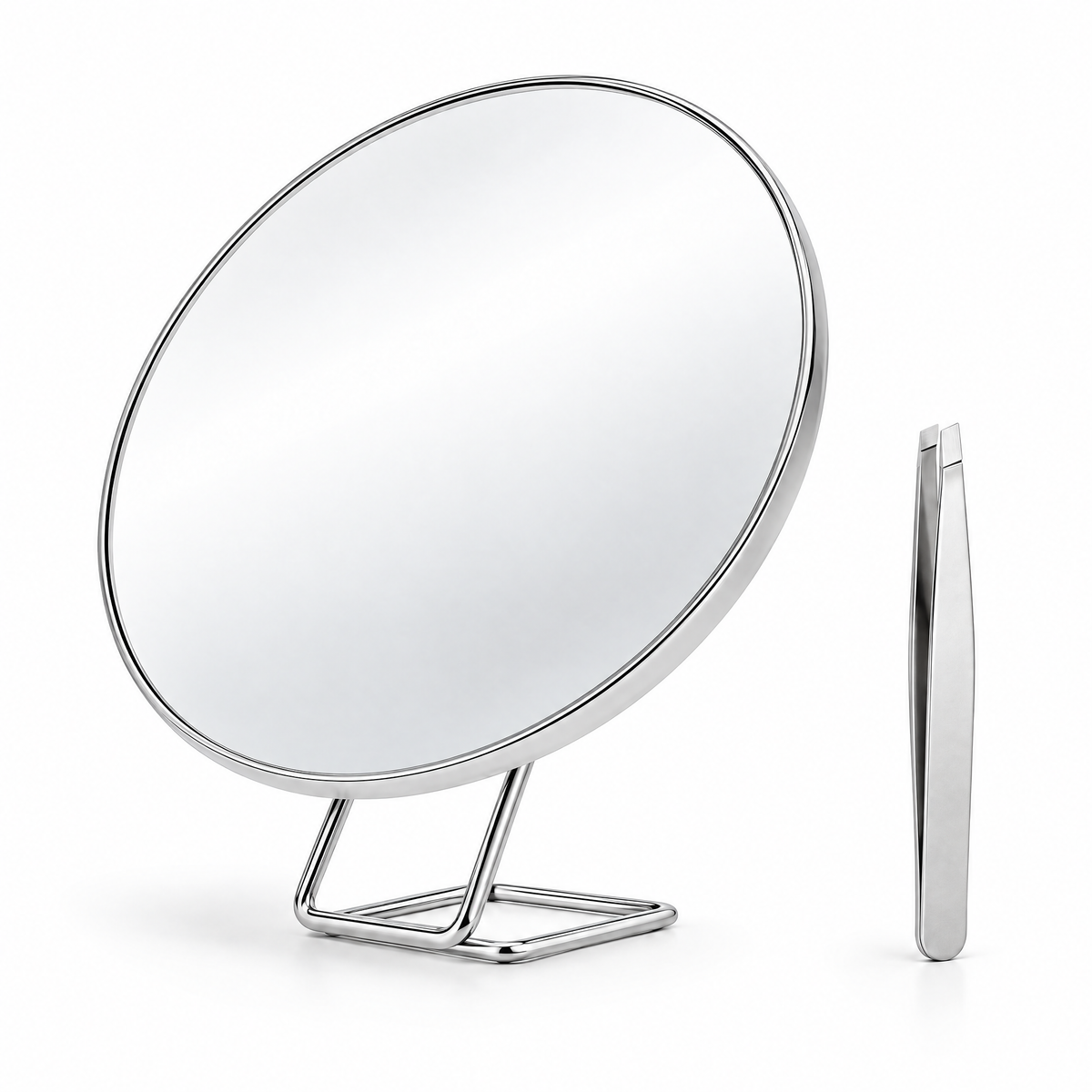 Chiara Vista 6-inch magnifying makeup mirror in Argento chrome silver on its folding Z stand with tweezers