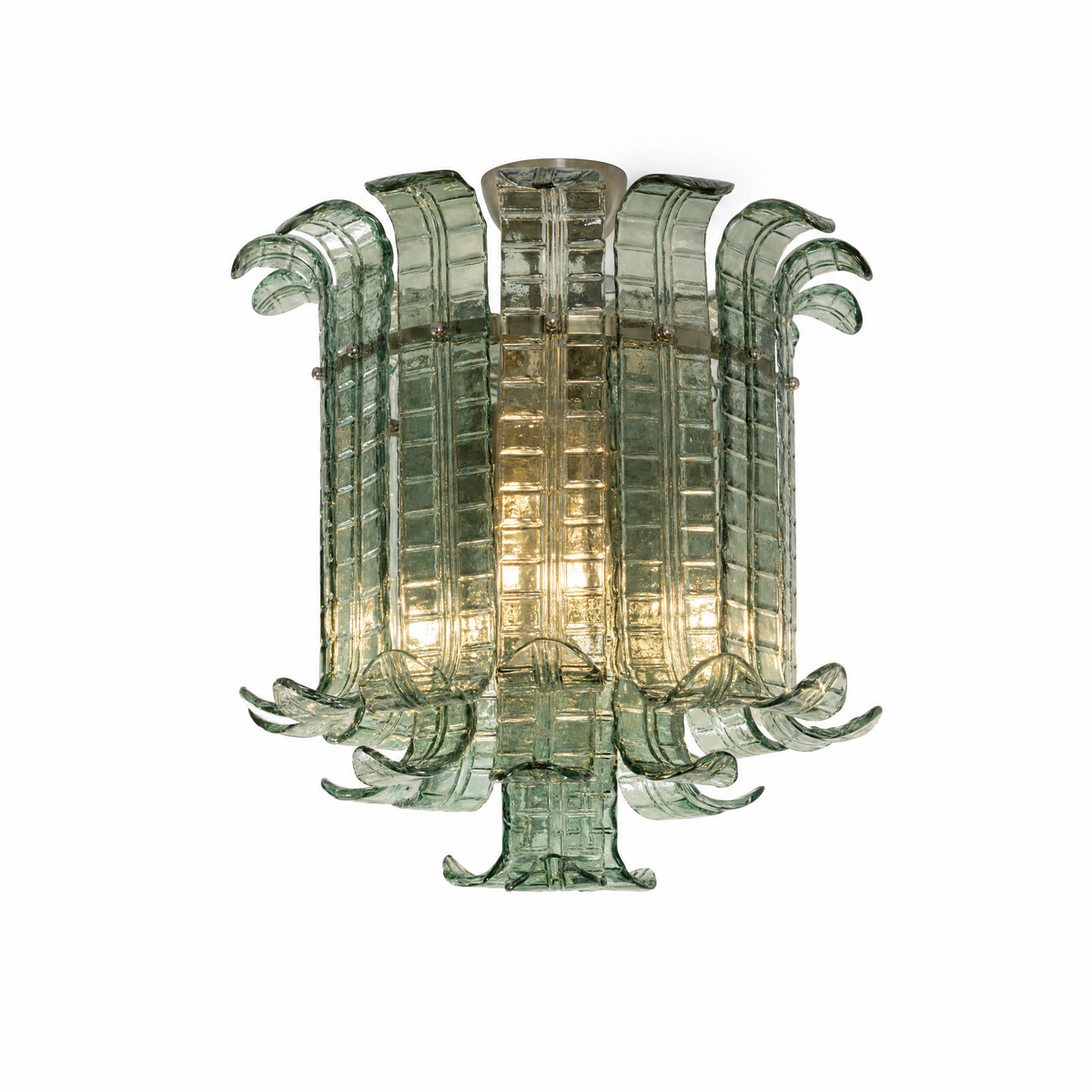 Fronda Veneziana glass flush mount in sage green glass, Small, lit