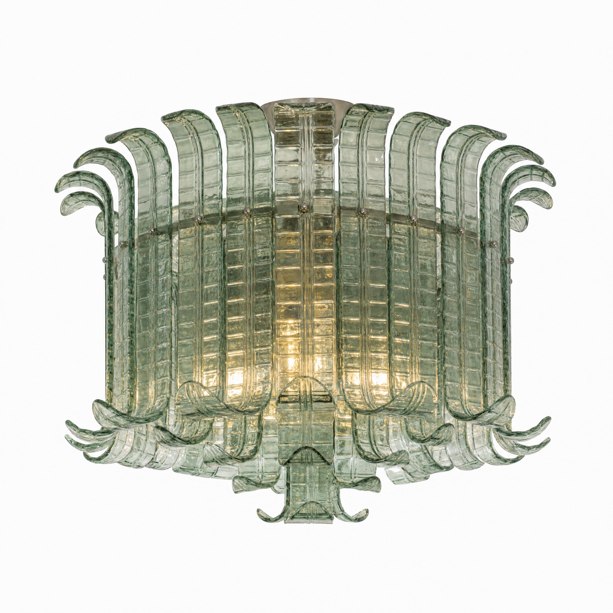 Fronda Veneziana glass flush mount in sage green glass, Medium, lit