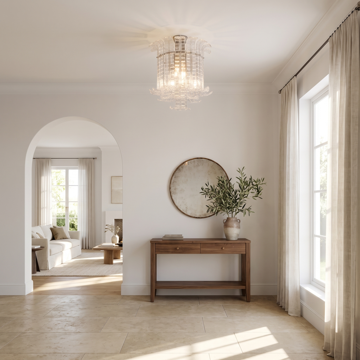 Clear glass leaf flush mount chandelier in a bright entry foyer
