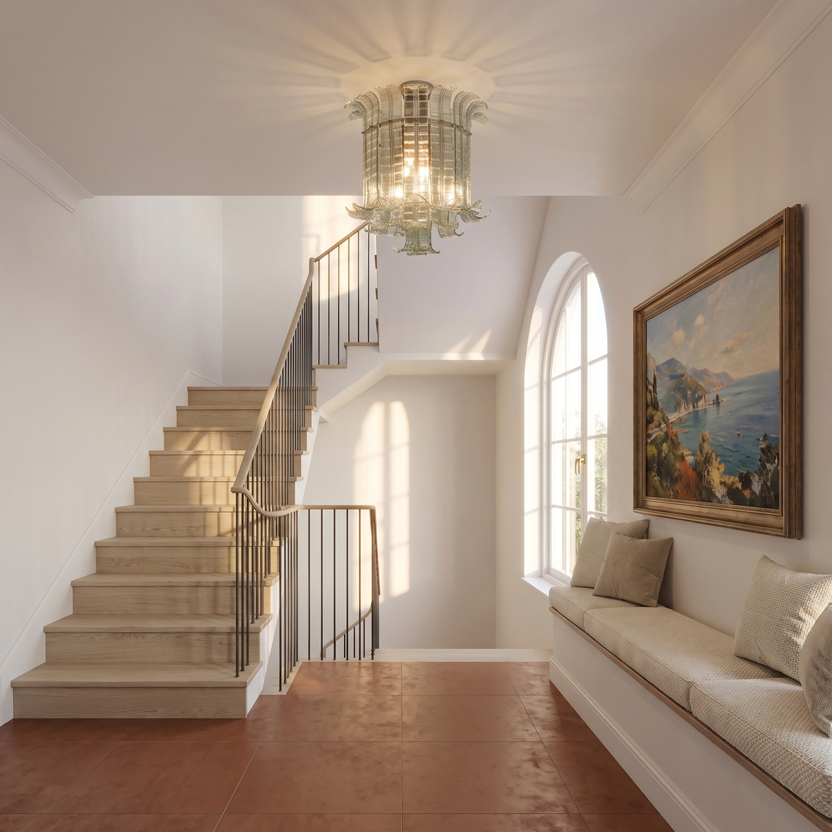 Green Murano-style glass ceiling light on a sunlit stair landing