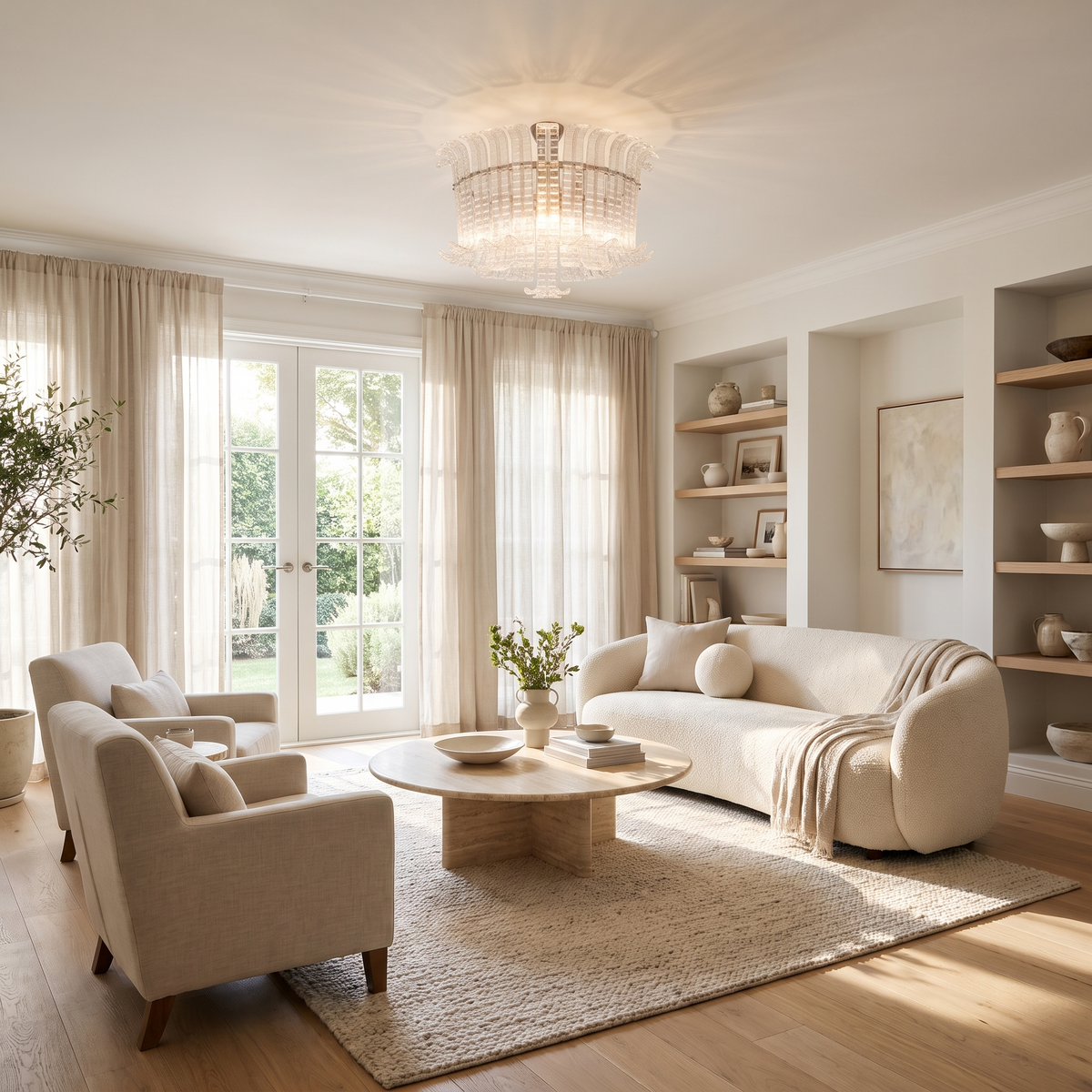 Clear Murano-style glass flush mount ceiling light in a sunlit living room