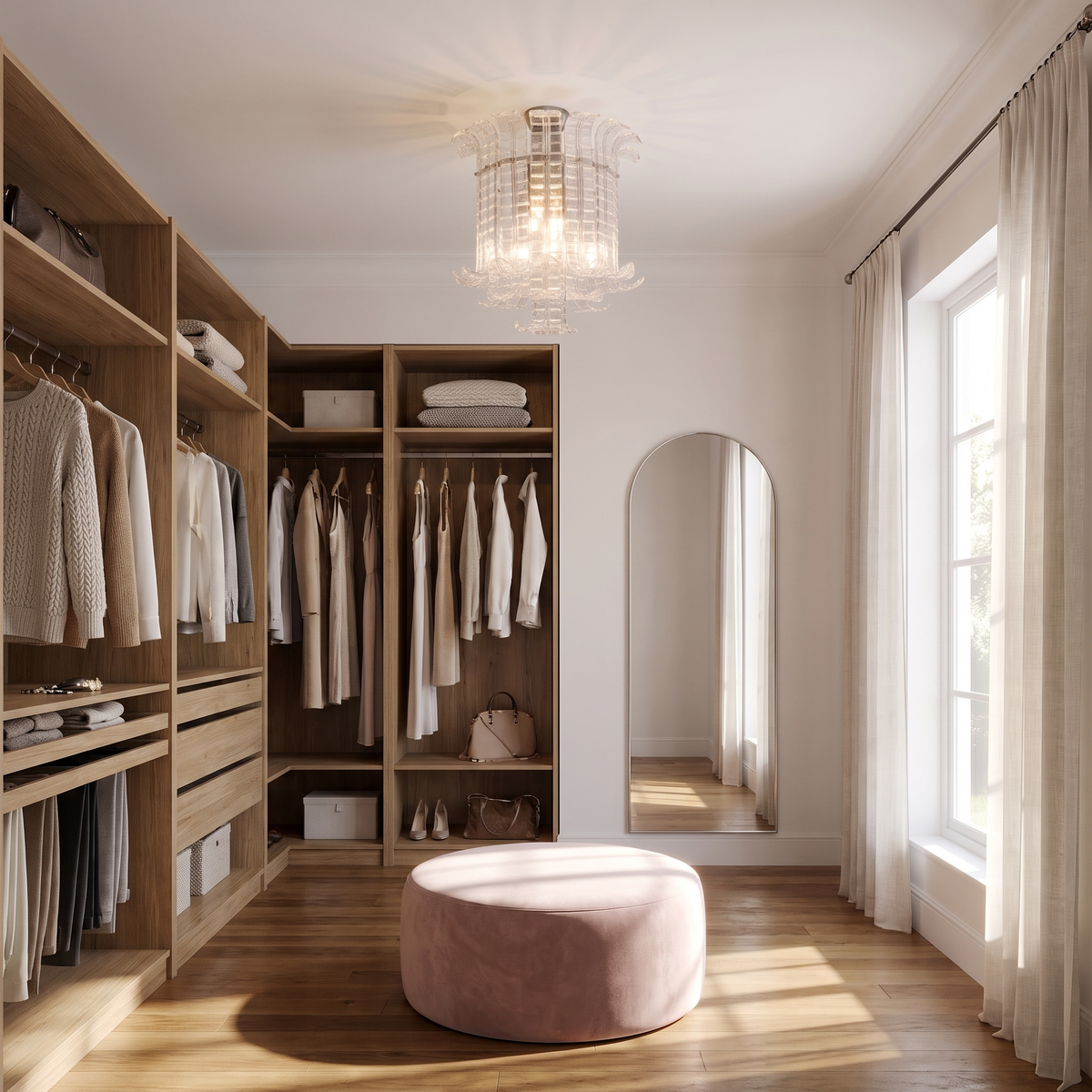 Clear glass flush mount light above a velvet ottoman in a dressing room