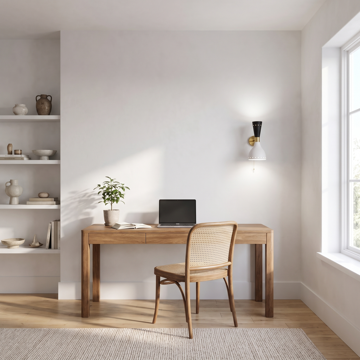 Mid-century brass wall sconce above an oak desk in a bright home office