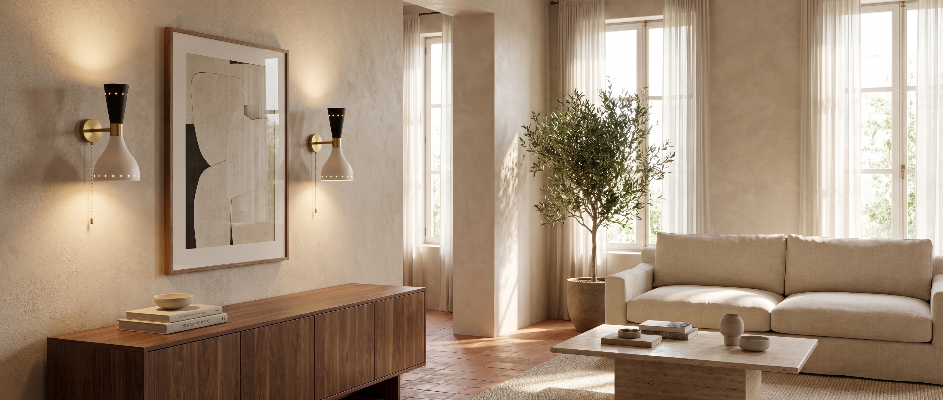Clessidra Dorata brass wall sconces flanking art in a sunlit Italian-inspired living room