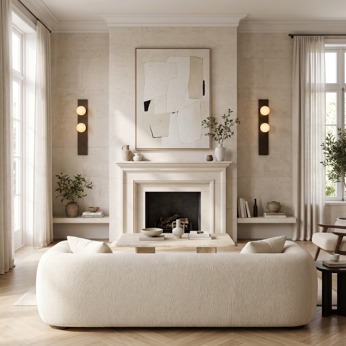 Pair of Lume Velato double alabaster wall sconces flanking a limestone fireplace in a living room