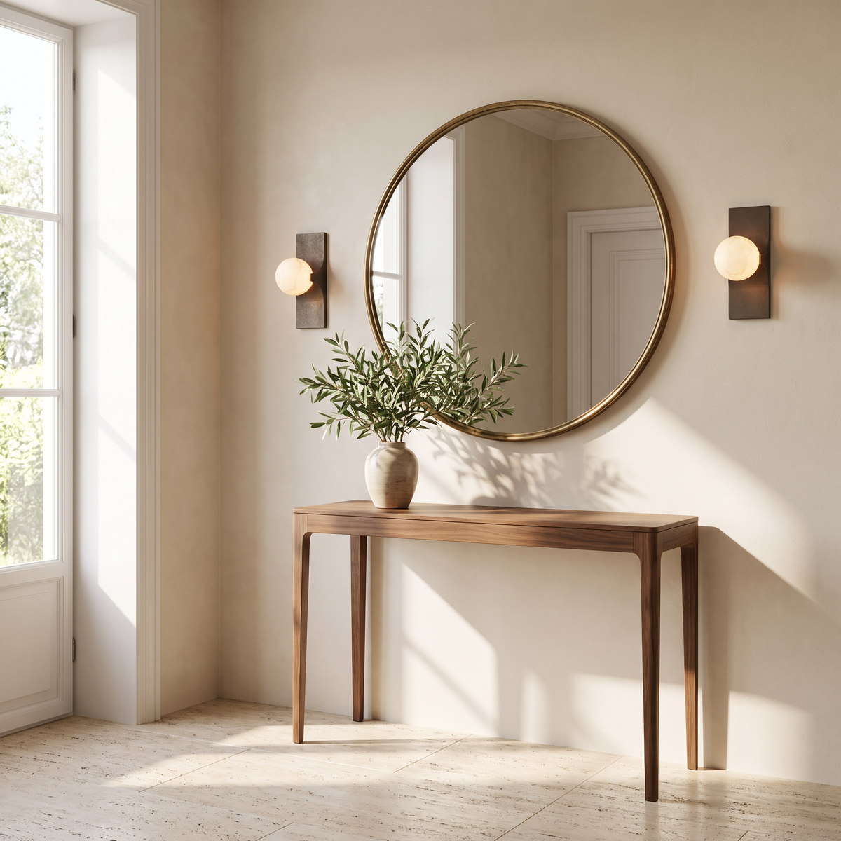 Pair of Lume Velato single alabaster wall sconces flanking a round mirror in a bright entryway