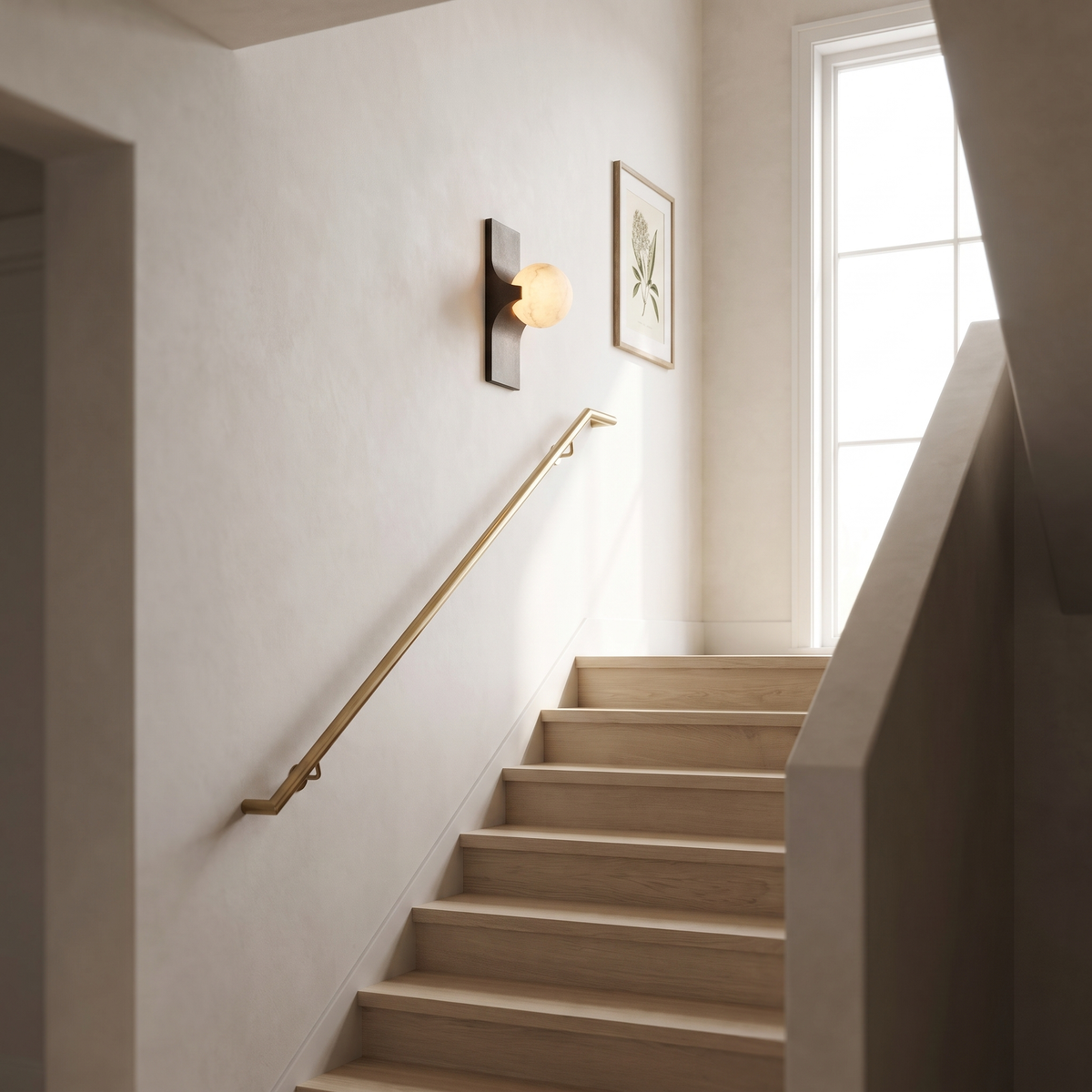 Lume Velato single alabaster wall sconce glowing above a bright oak staircase