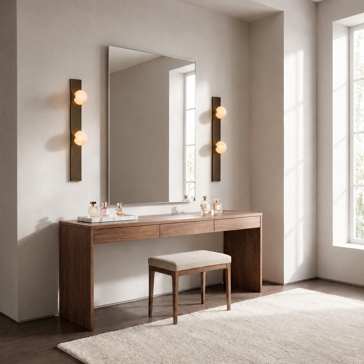Pair of Lume Velato double alabaster wall sconces beside a dressing table mirror