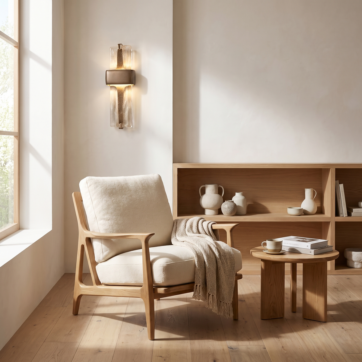 Vetro Colato textured glass wall sconce above an oak armchair in a Japandi reading corner