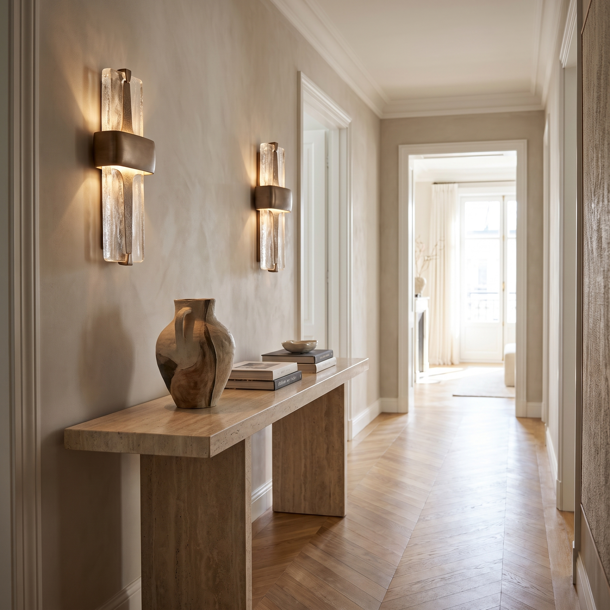 Vetro Colato textured glass wall sconces above a travertine console in an elegant hallway