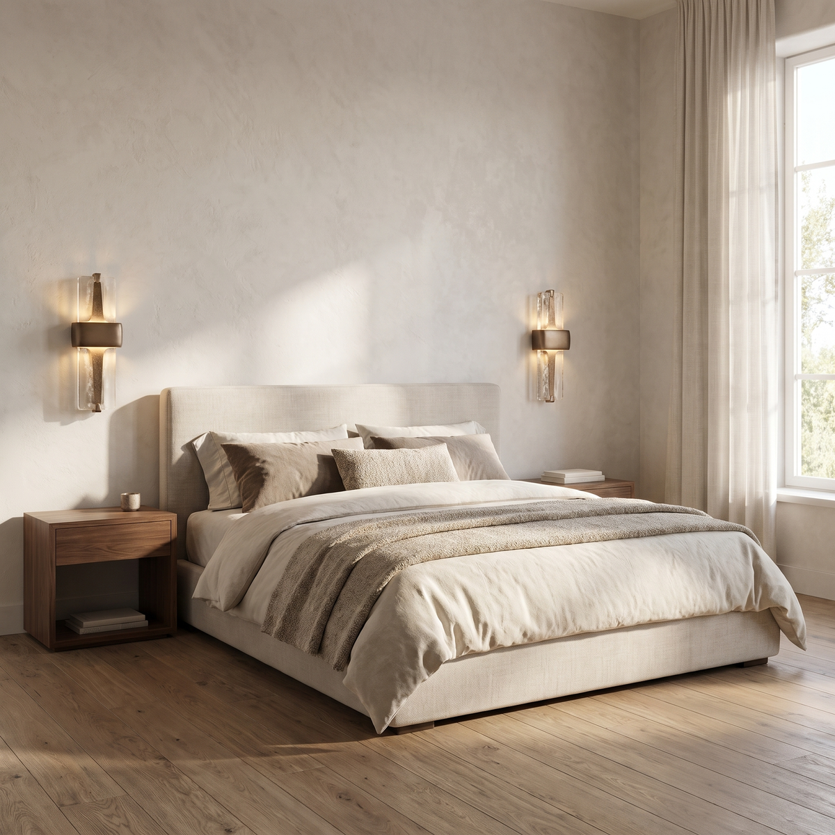 Pair of Vetro Colato textured glass wall sconces glowing above the nightstands in a bright bedroom