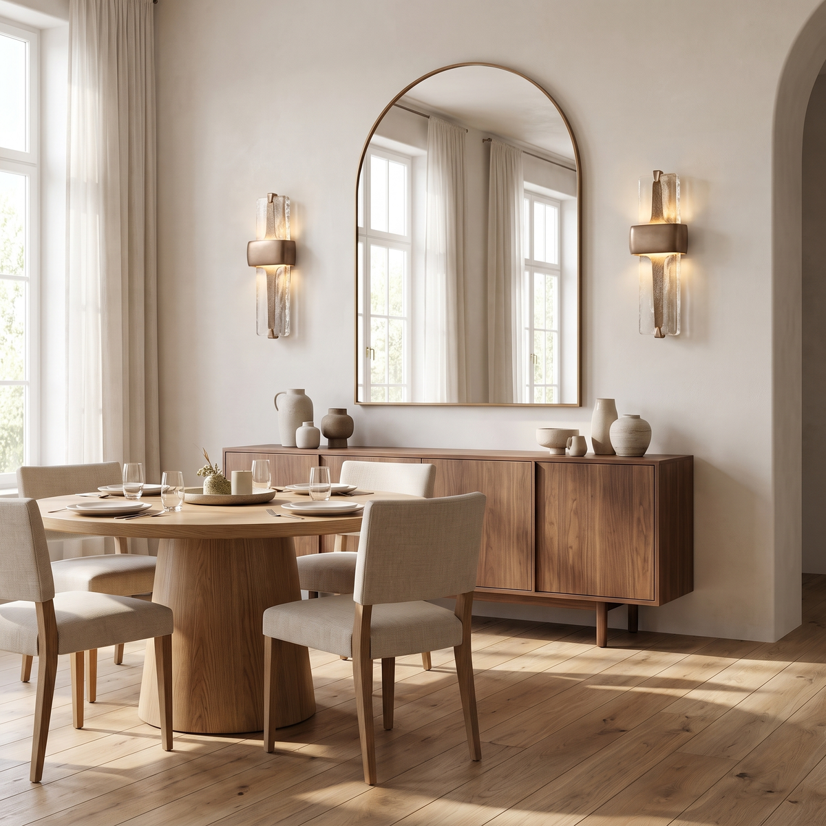 Vetro Colato textured glass wall sconces flanking an arched mirror above a dining room sideboard