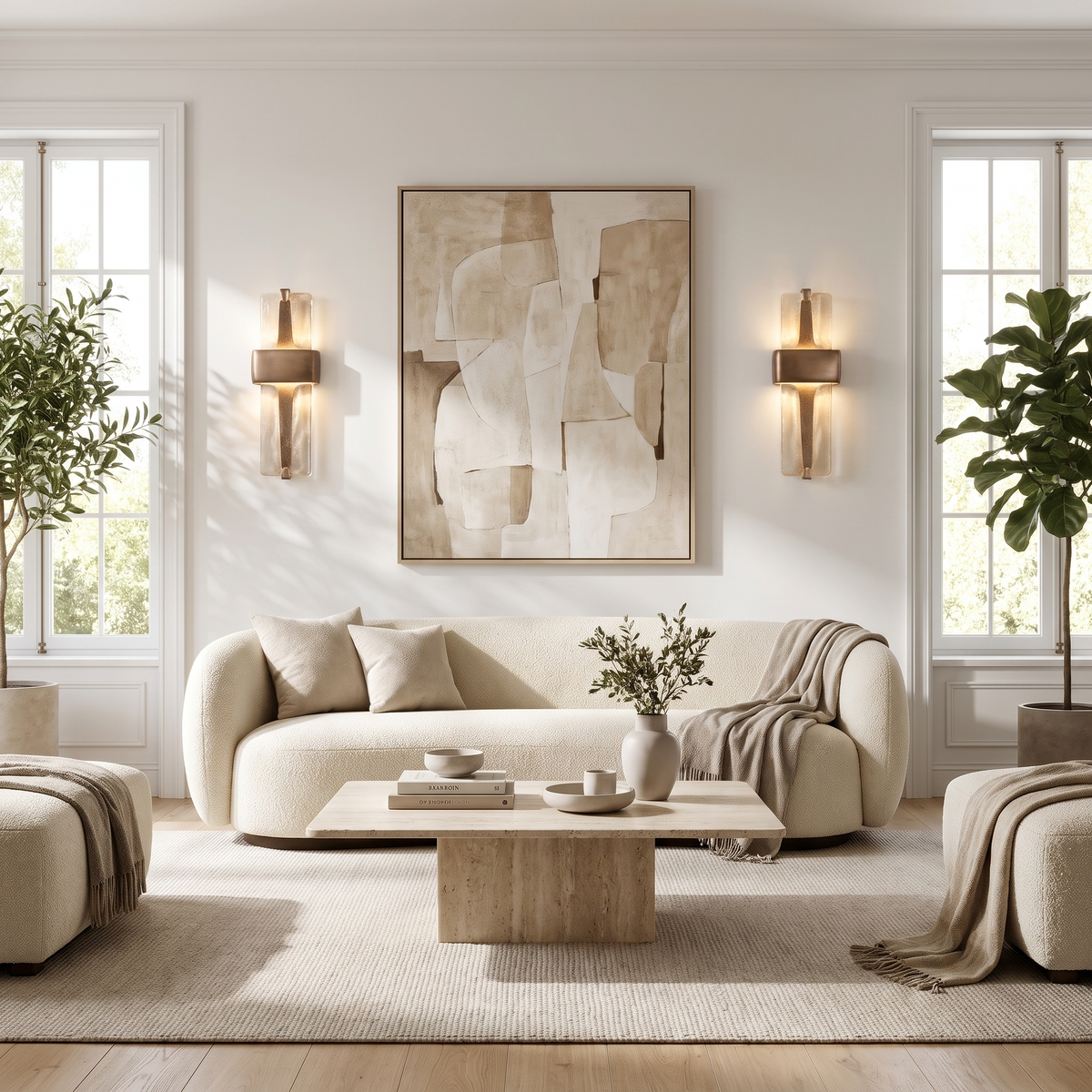 Pair of Vetro Colato brass and glass wall sconces flanking artwork above a living room sofa