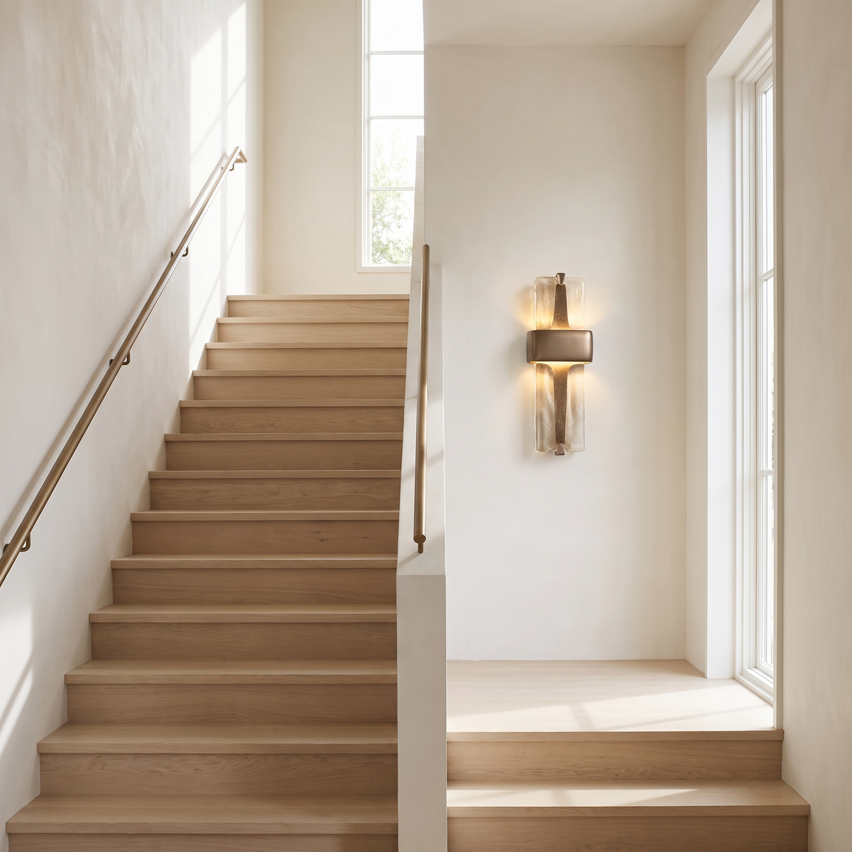 Vetro Colato textured glass wall sconce glowing on a bright staircase landing