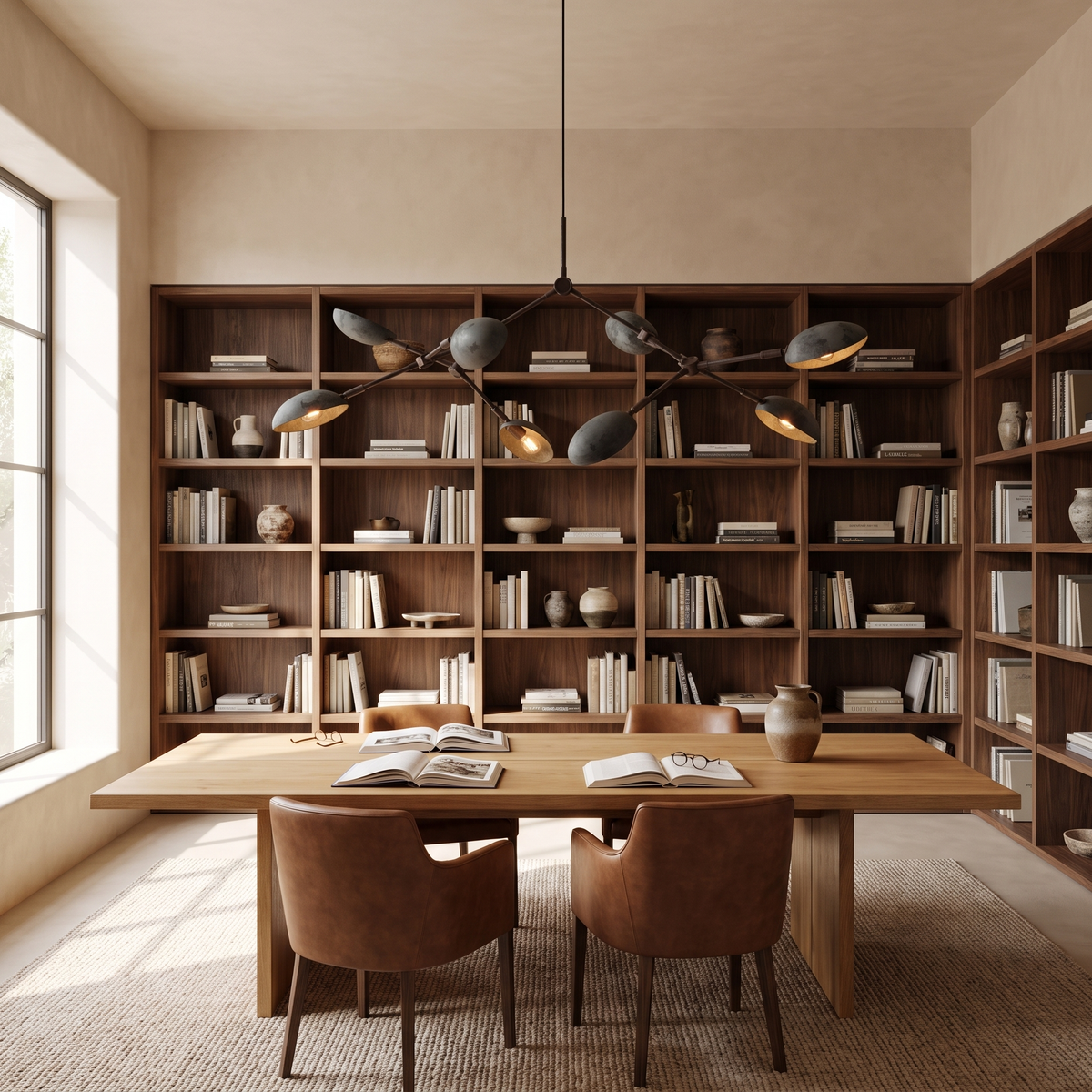 Ramo Goccia oxidized branch chandelier above a reading table in a home library