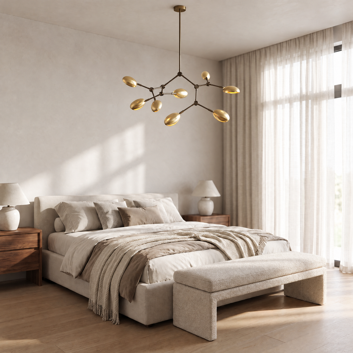 Ramo Goccia brass branch chandelier in a serene bedroom