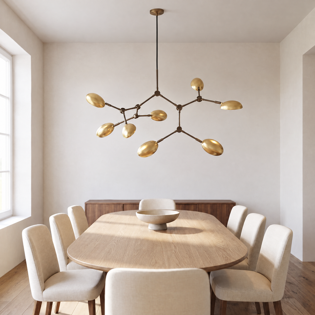 Ramo Goccia brass branch chandelier above an oval oak dining table in a bright dining room