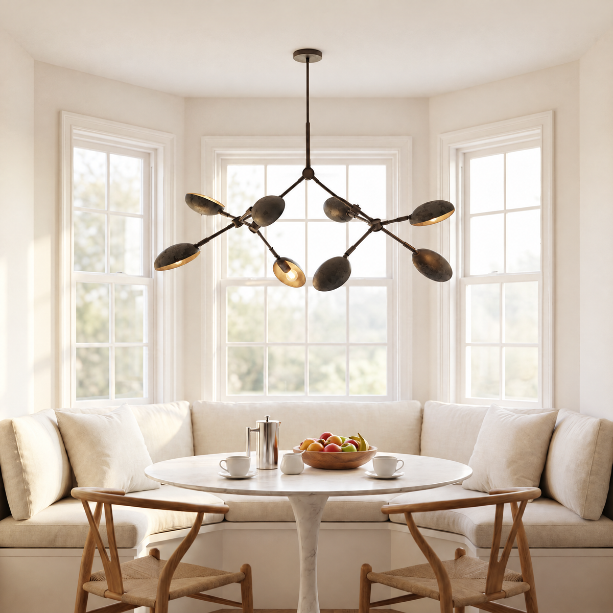 Ramo Goccia oxidized branch chandelier above a round table in a sunny breakfast nook