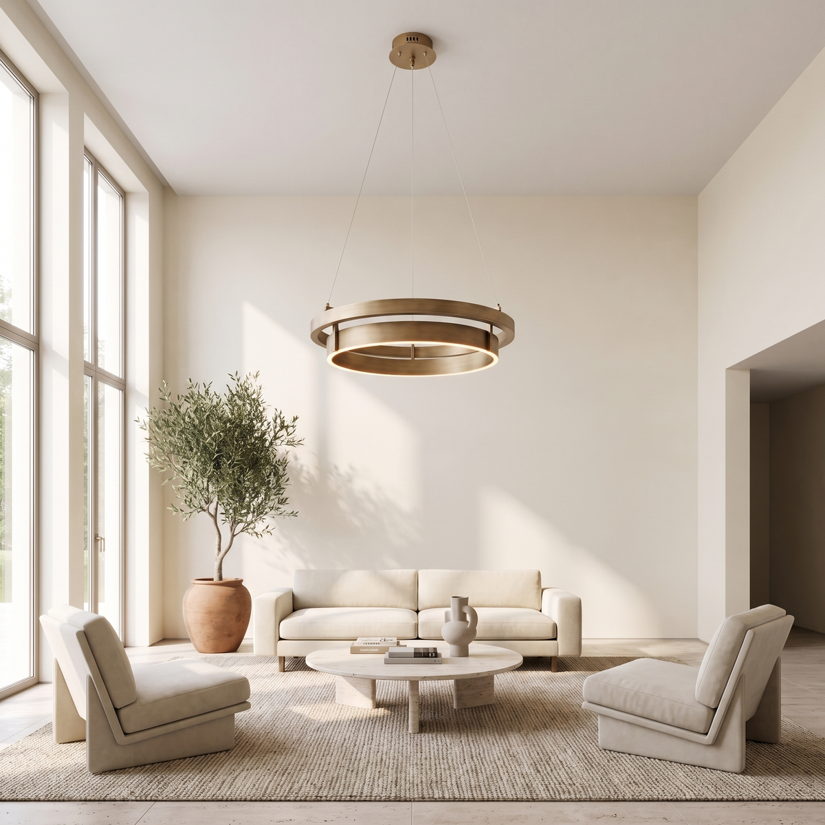 Modern ring chandelier hanging high above a travertine coffee table in a bright high-ceiling living room