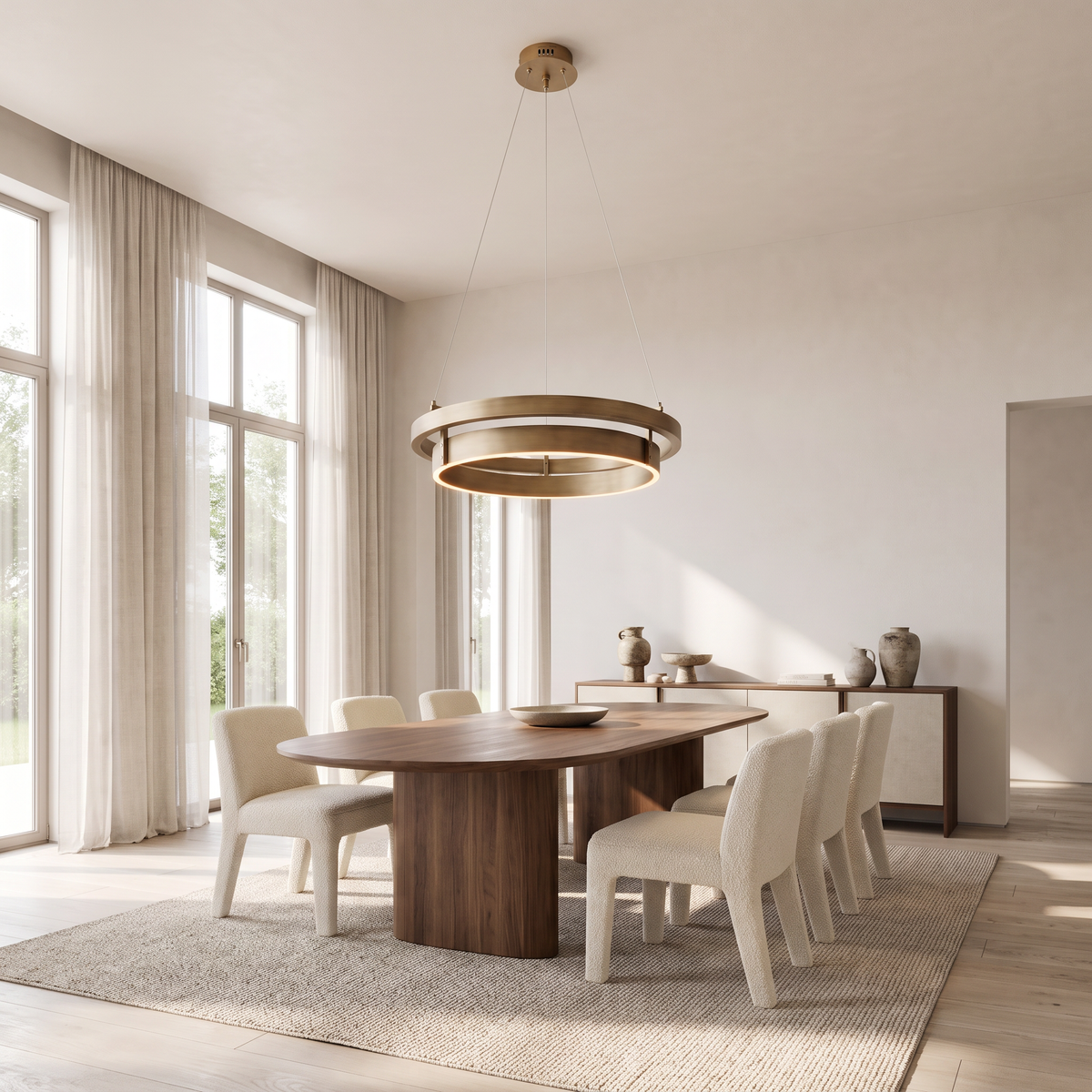 Brushed brass double ring LED chandelier over an oval walnut dining table in a sunlit dining room