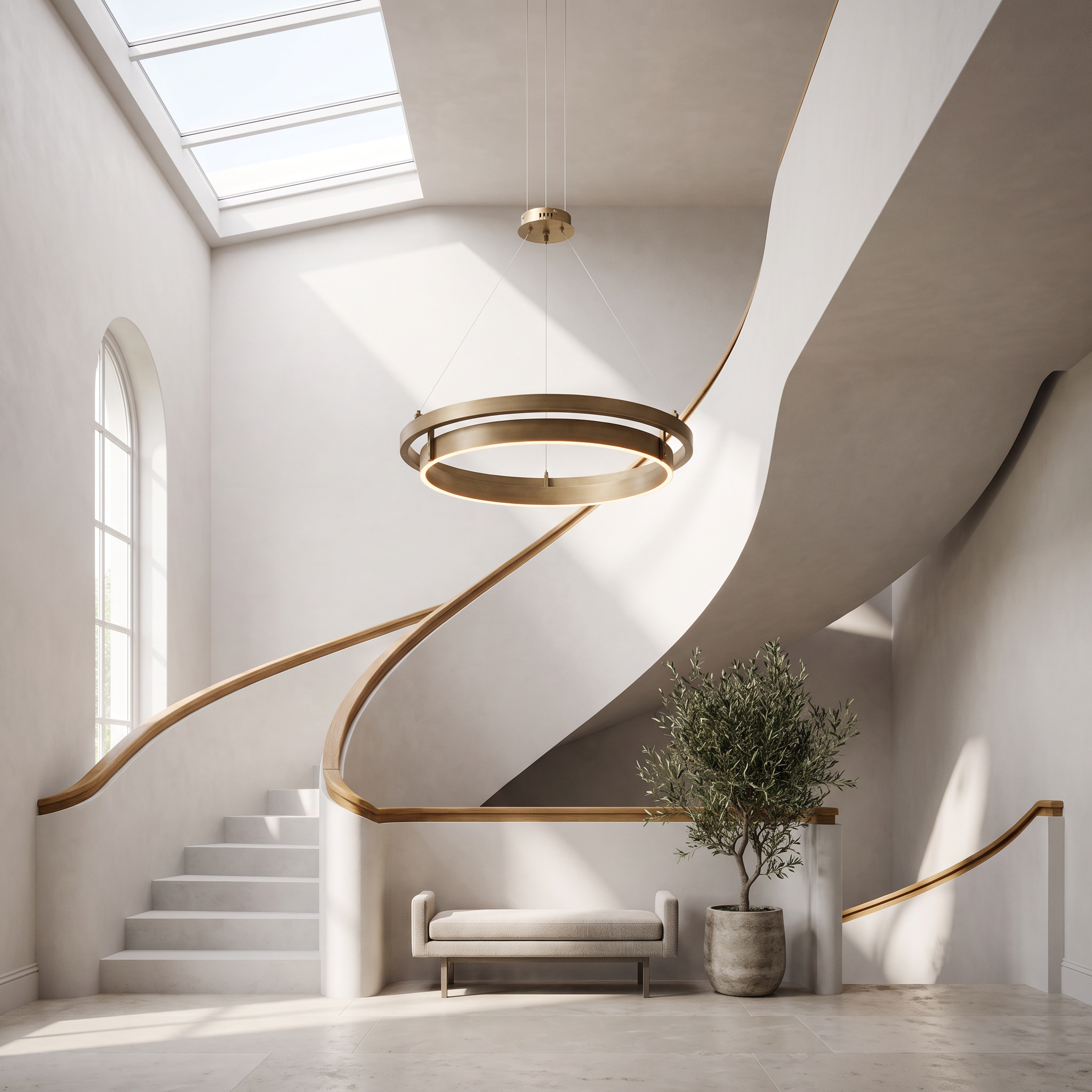 Double ring chandelier suspended in an open stairwell with a sculptural plaster staircase and skylight