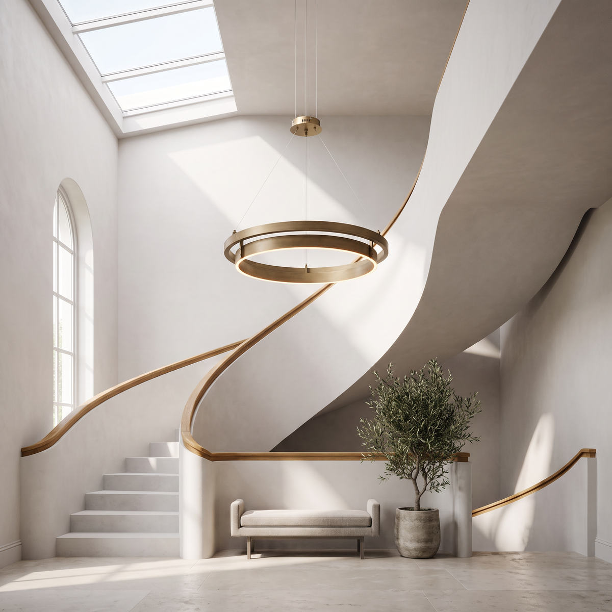 Double ring chandelier suspended in an open stairwell with a sculptural plaster staircase and skylight