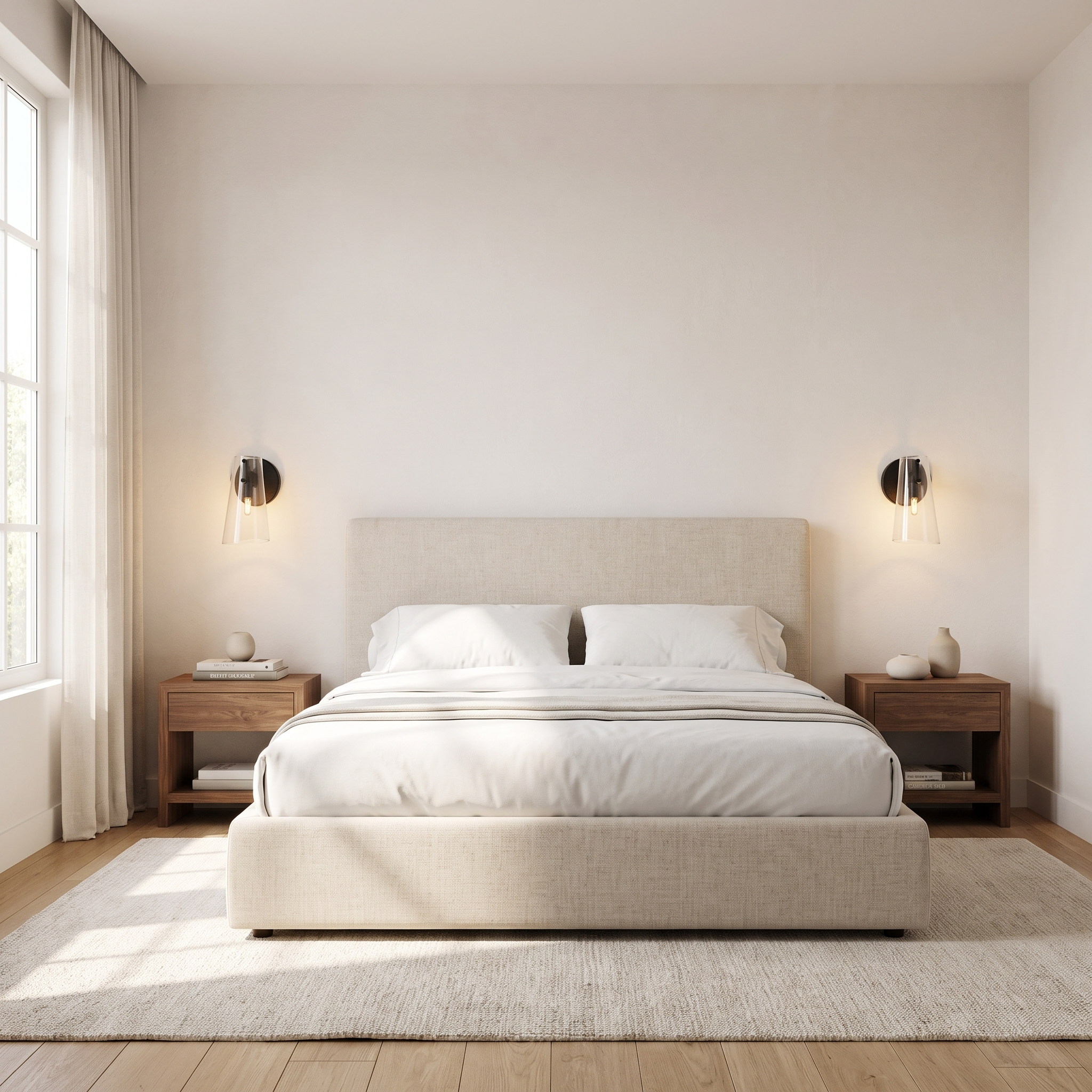 Pair of Vetro Inclinato black and clear glass wall sconces flanking a linen bed above walnut nightstands