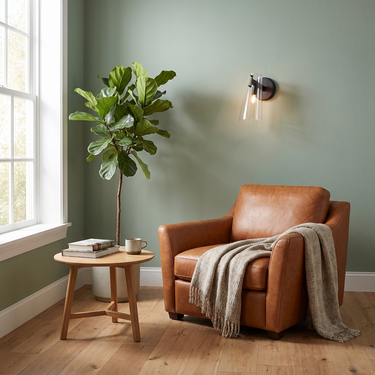 Black glass wall sconce as a reading light beside a cognac leather armchair on a sage green wall