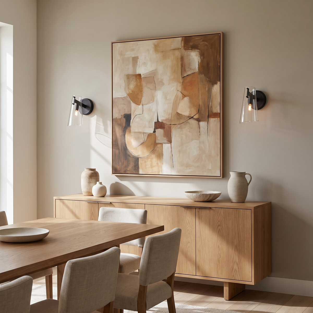 Pair of black wall sconces flanking abstract art above an oak buffet in a bright dining room