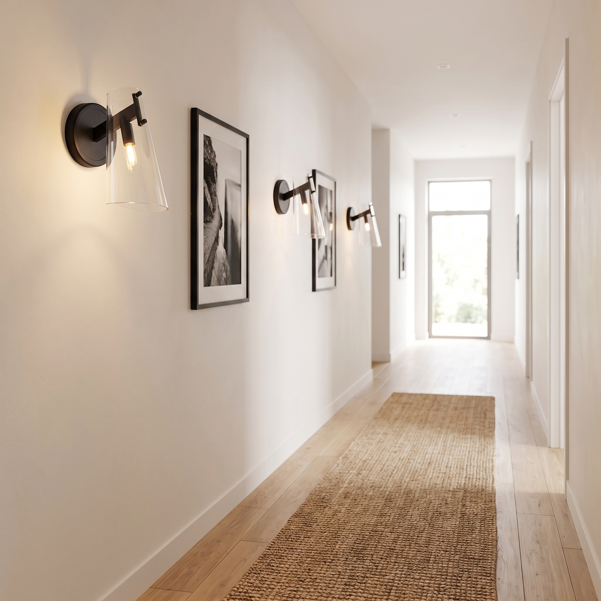 Row of modern black glass wall sconces lighting a bright hallway with framed photographs and a runner