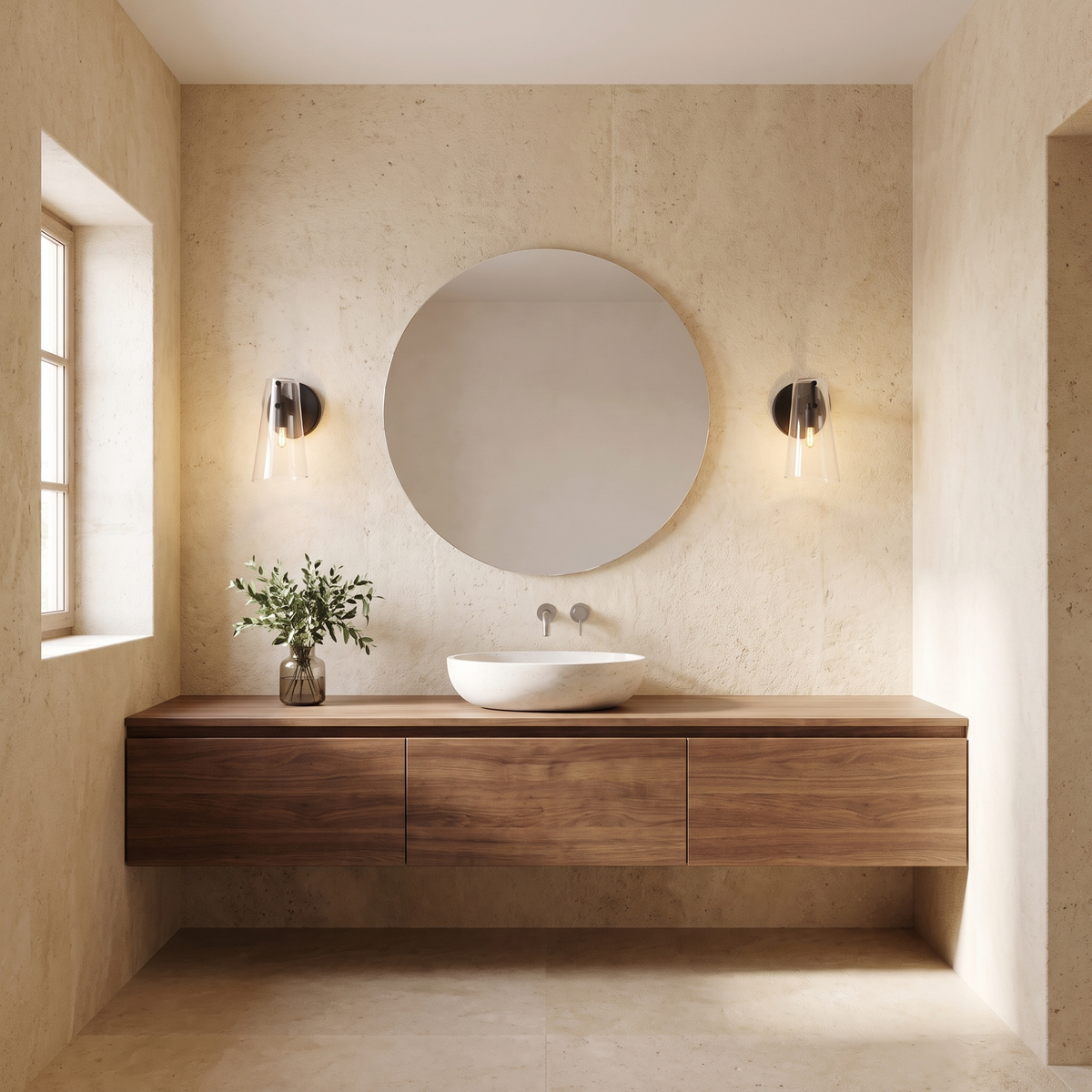 Glass cone wall sconces on each side of a round mirror above a walnut vanity in a bright powder room